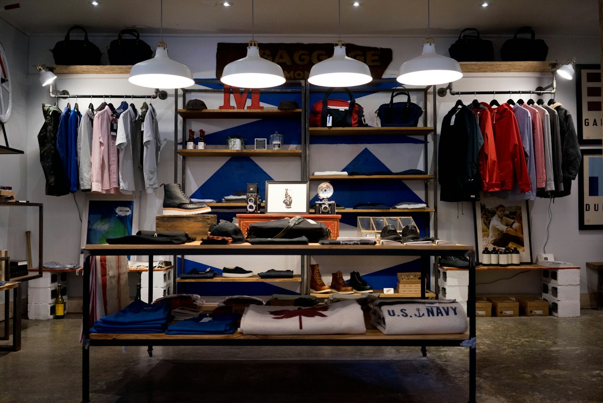 Retail store interior with clothing displays